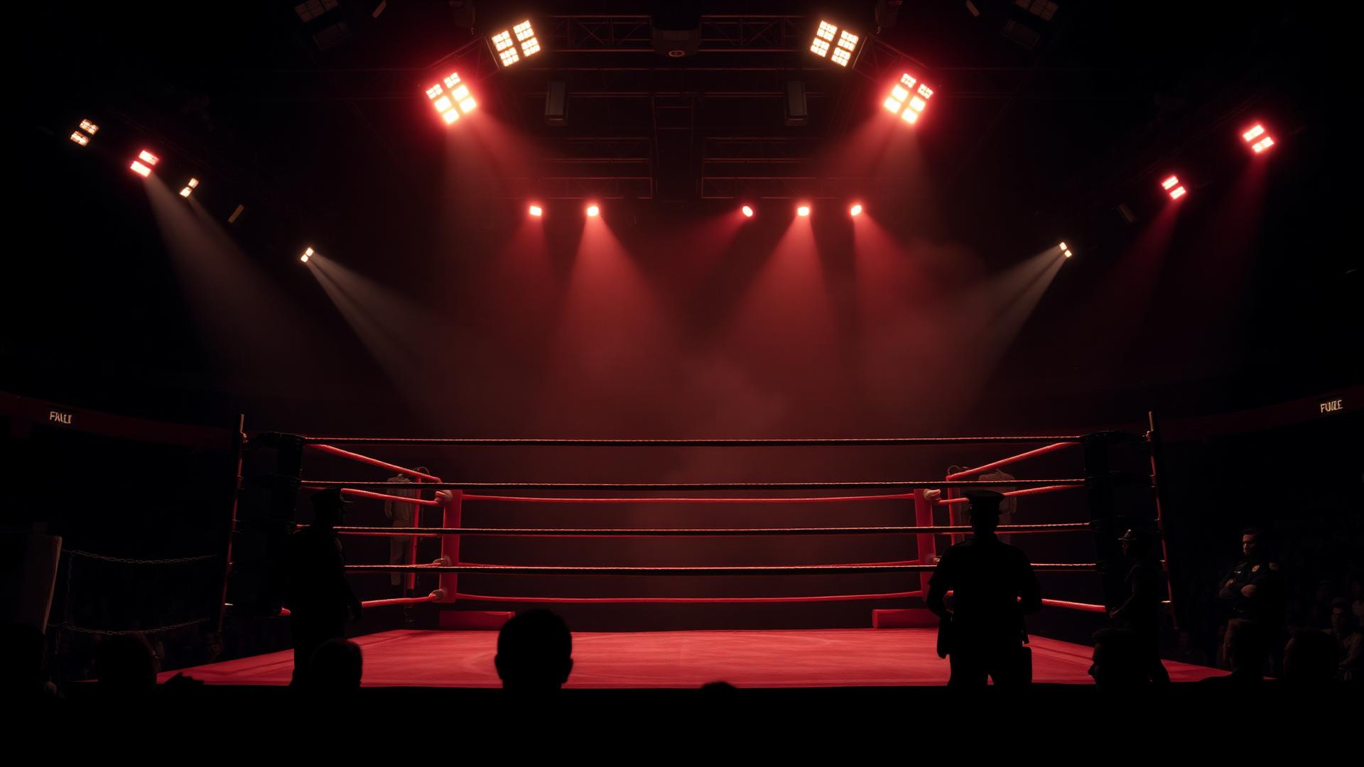 Empty boxing ring under stage lights before a Battle of the Badges event